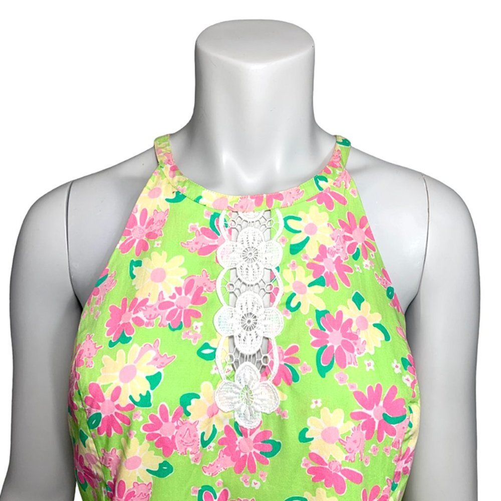 LILLY PULITZER VINTAGE 90's Rhino + Floral Print Halter Dress With Crochet Trim - Picture 4 of 8